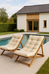 2 Adet Masif Ahşap Krem Minderli Şezlong 